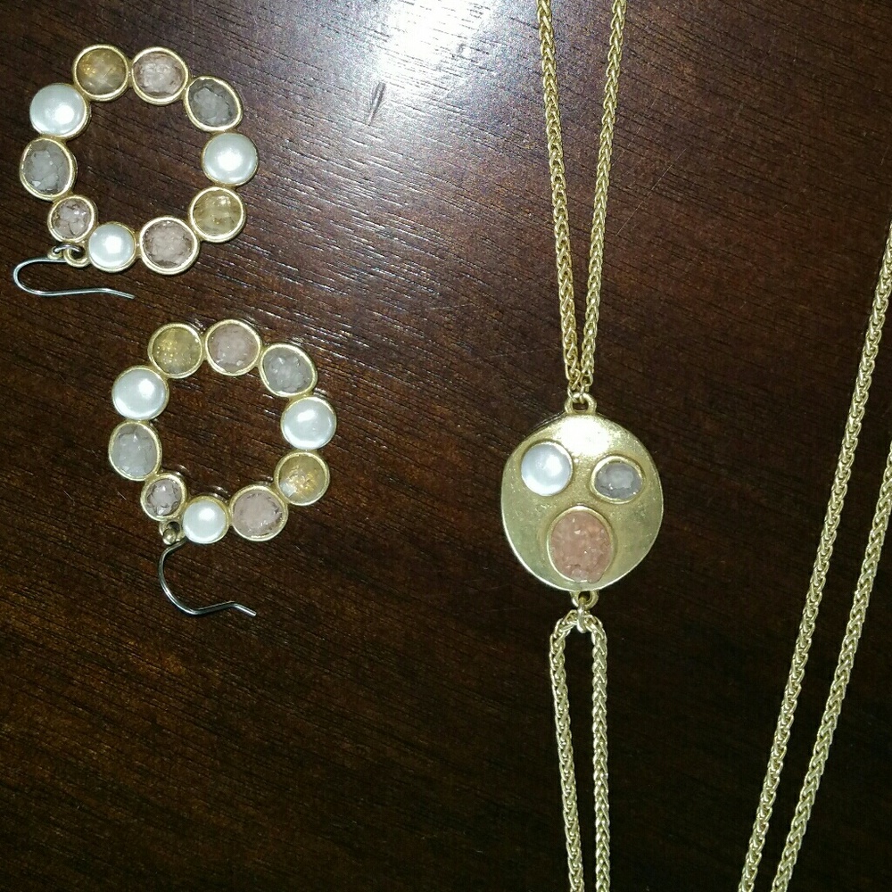 Lucky Brand Druzy & Pearl Necklace & Earring Set